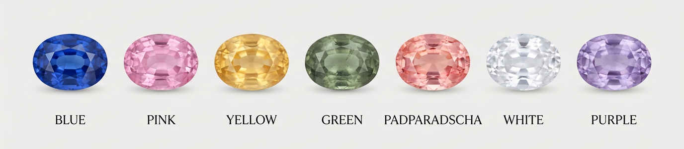 Sapphire colour varieties: blue, pink, yellow, green, padparadscha, white, purple