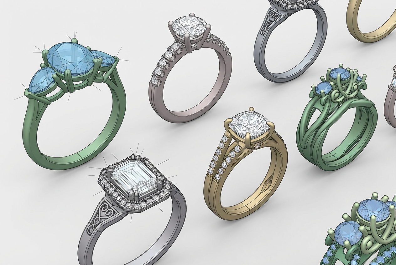 Multiple engagement rings in various styles and colors, including emerald cut, cushion cut, and three-stone designs