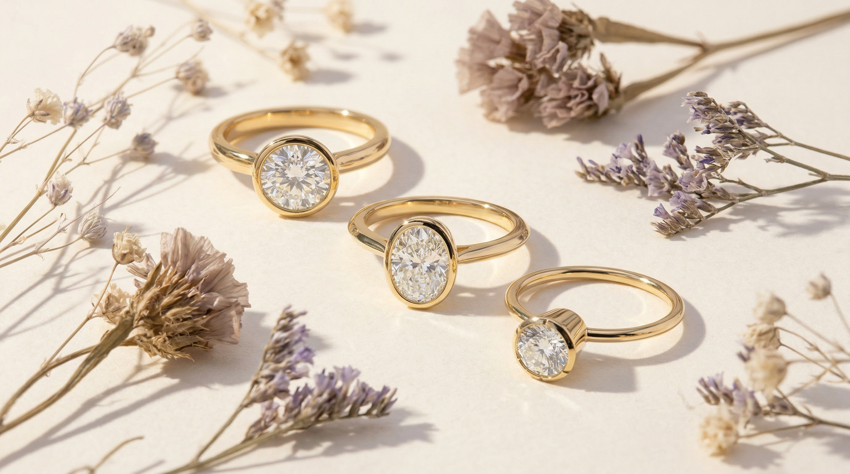 Three gold rings with round and oval diamonds, surrounded by dried flowers on a light surface