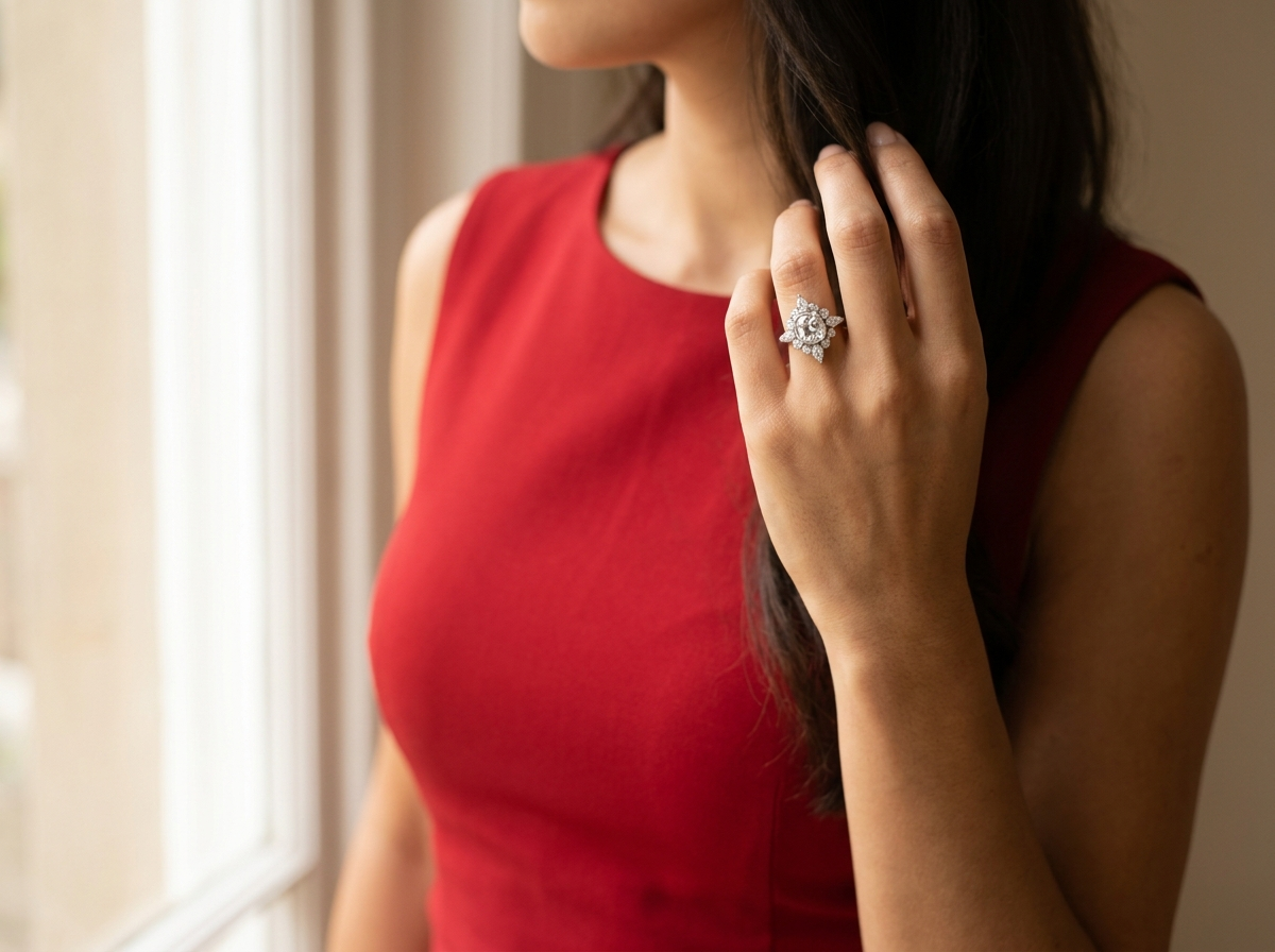 Cluster engagement ring on hand