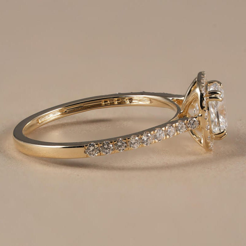 Close detail of pavé diamonds set into an engagement ring band
