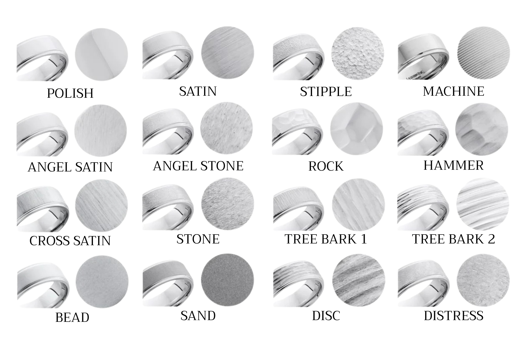 Collection of silver rings showcasing various metal finishes and textures arranged in a grid format.