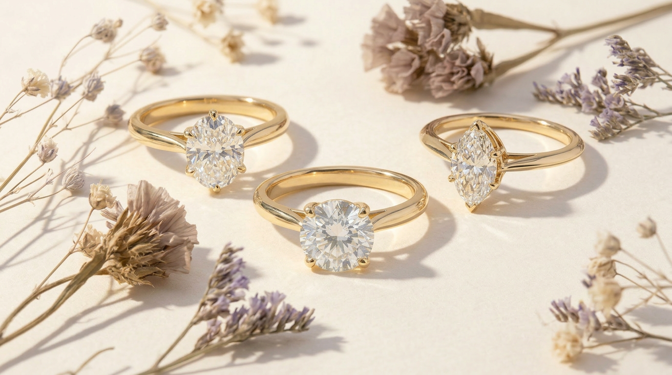 Three gold rings with different diamond cuts: oval, round, and marquise, surrounded by dried flowers