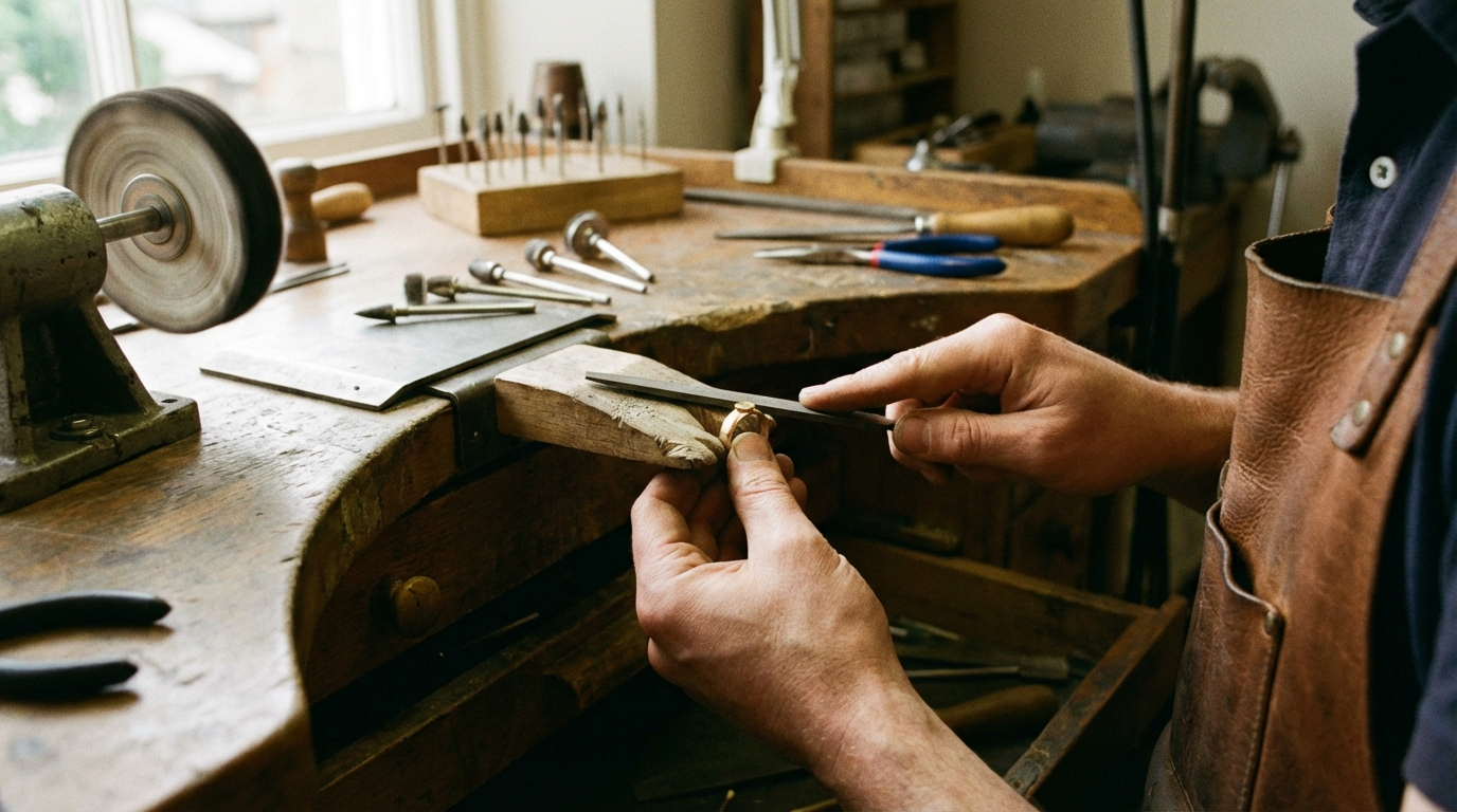 Jeweller crafting a bespoke gold ring by hand on a wooden workbench with traditional tools in a workshop.