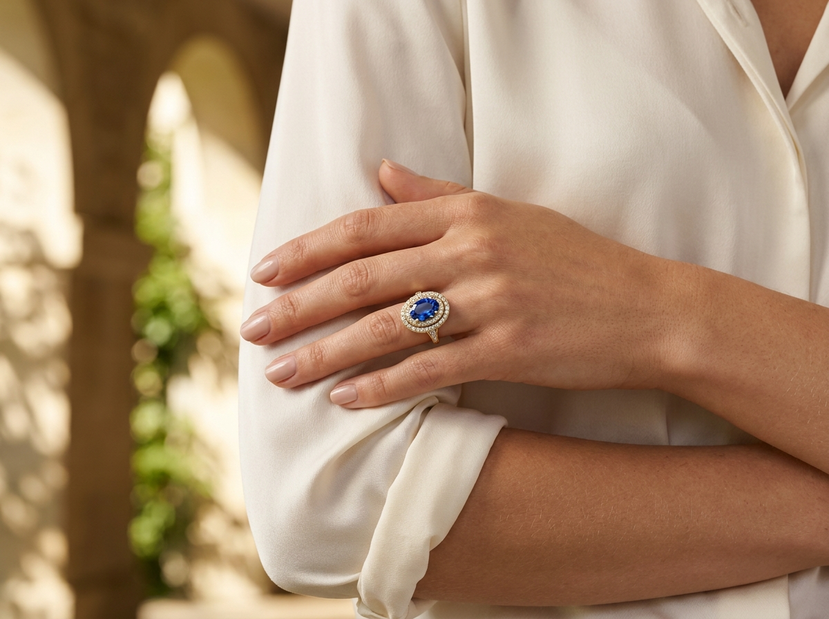 Halo engagement ring on hand